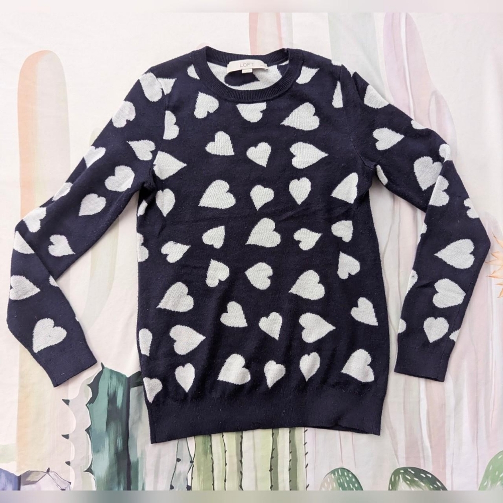 Ann Taylor Loft Petites Navy Blue & White Wool Blend Heart Pattern Knit Sweater